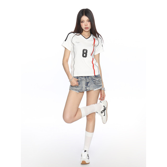 美式杠條正肩球衣短袖T恤女夏季澤西風v領運動辣妹上衣潮