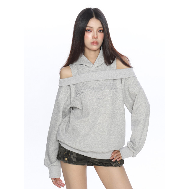 美式燙鉆露肩連帽衛衣女秋冬設計感假兩件寬松休閑上衣潮