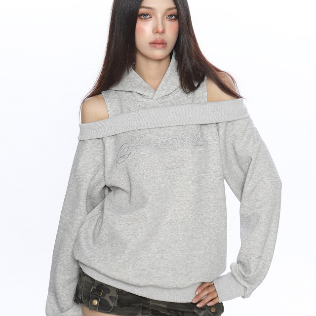 美式燙鉆露肩連帽衛衣女秋冬設計感假兩件寬松休閑上衣潮