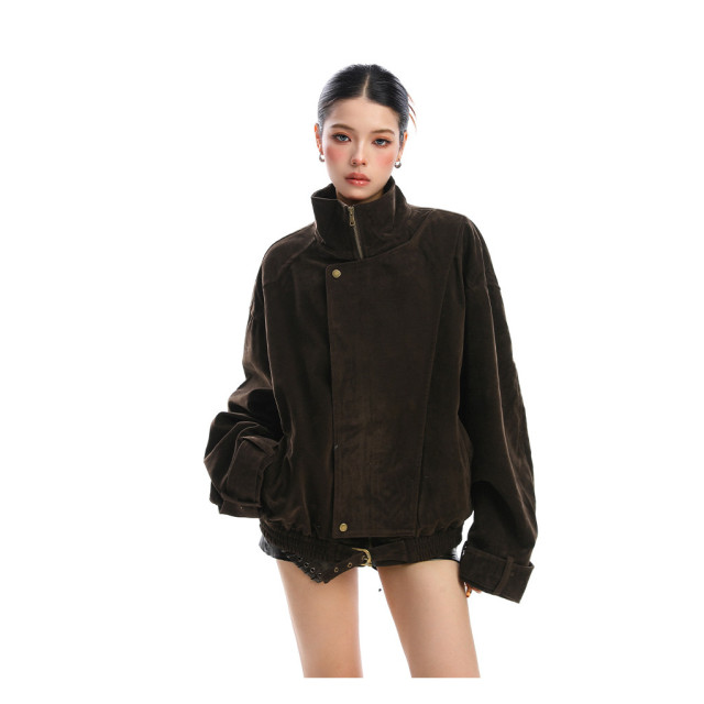 美式麂皮絨解構立領工裝外套女秋冬美拉德老錢拉鏈夾克潮