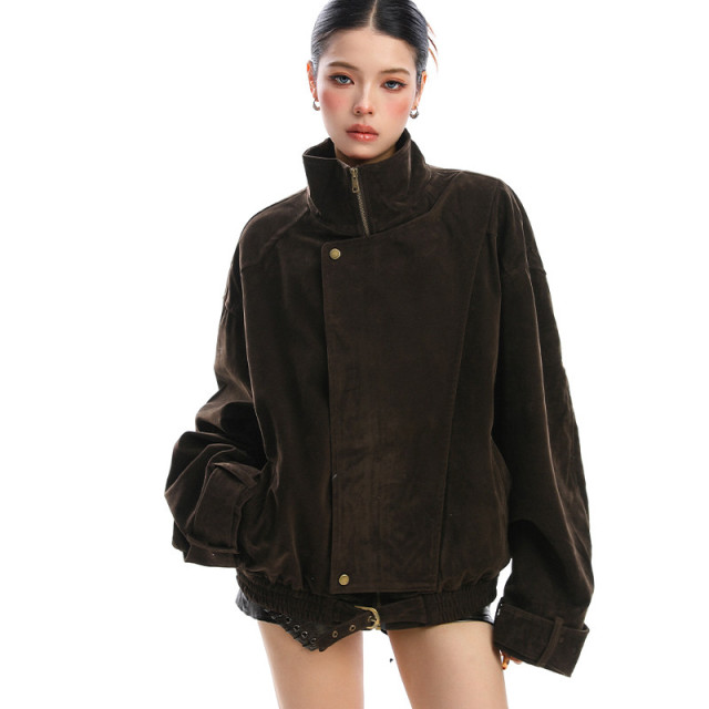 美式麂皮絨解構立領工裝外套女秋冬美拉德老錢拉鏈夾克潮