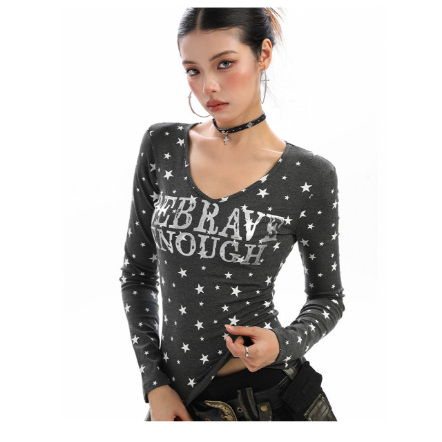 美式滿印星星v領長袖T恤女秋季辣妹顯瘦內搭打底衫上衣潮