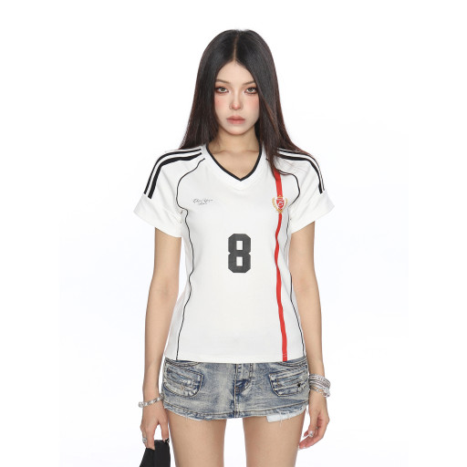 美式杠條正肩球衣短袖T恤女夏季澤西風v領運動辣妹上衣潮