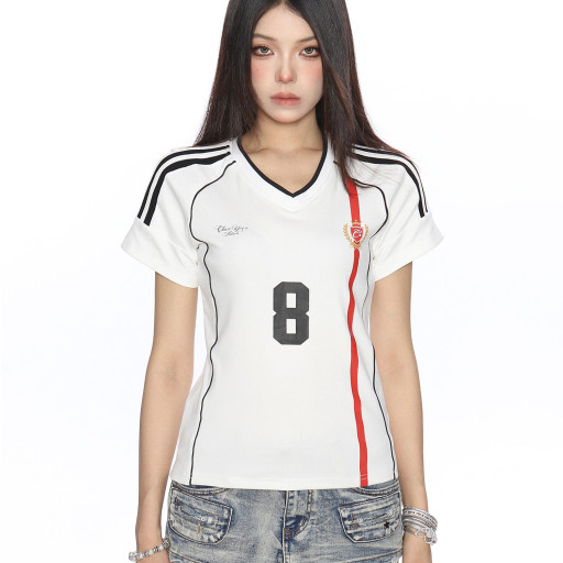 美式杠條正肩球衣短袖T恤女夏季澤西風v領運動辣妹上衣潮