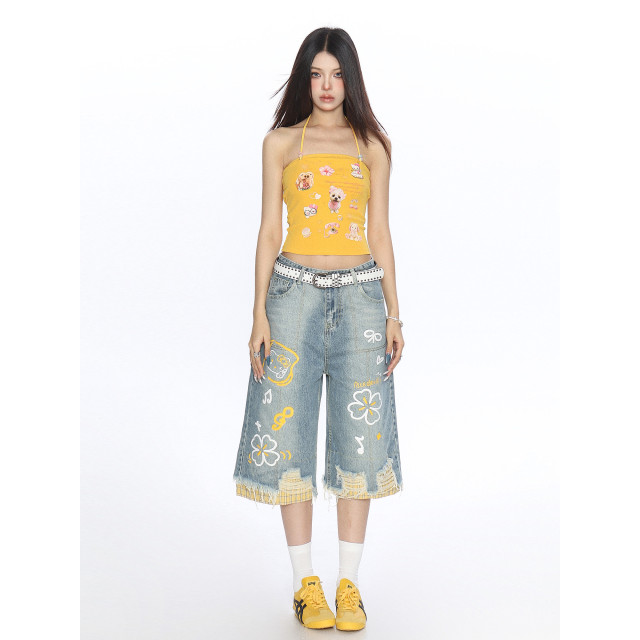 甜辣卡通印花掛脖吊帶背心女夏季顯瘦外穿無袖別致上衣ins