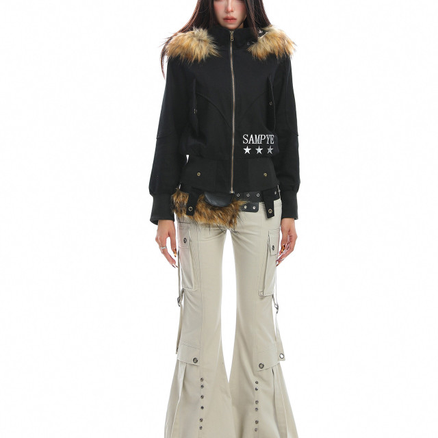 美式辣妹柳釘工裝微喇休閑褲女重工街頭修身顯瘦拖地長褲