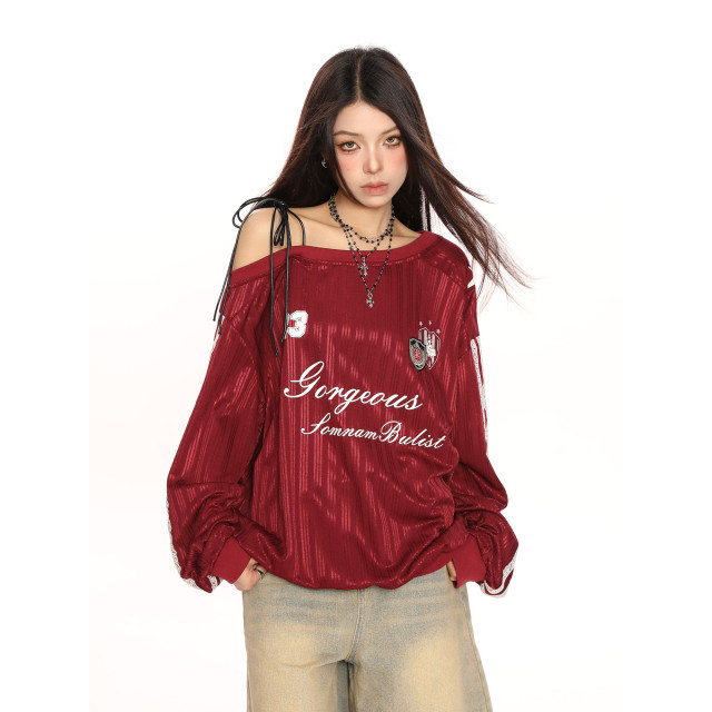 美式斜肩綁帶長袖衛衣女春季辣妹顯瘦露肩運動風球衣上衣