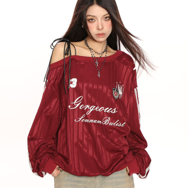 美式斜肩綁帶長袖衛衣女春季辣妹顯瘦露肩運動風球衣上衣