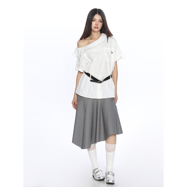 韓系穿搭斜肩短袖襯衫T恤女夏季不規則設計露肩顯瘦上衣潮