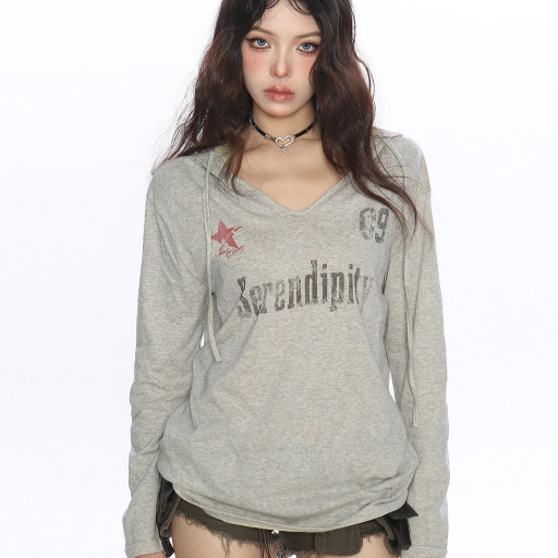 美式字母印花連帽長袖T恤女夏季慵懶風防曬罩衫辣妹上衣潮