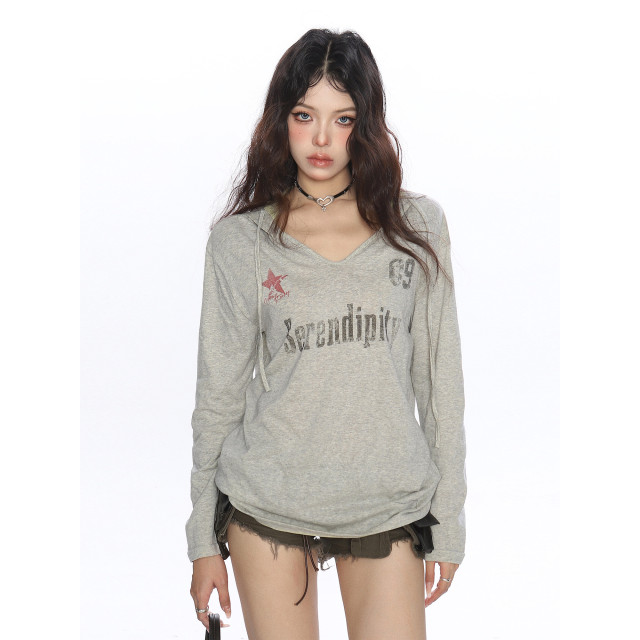 美式字母印花連帽長袖T恤女夏季慵懶風防曬罩衫辣妹上衣潮