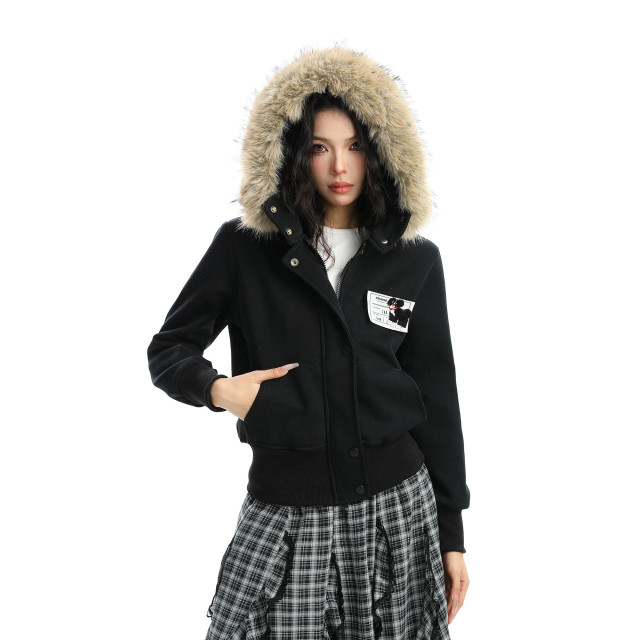 美式可拆卸毛領迷彩連帽外套女秋冬顯瘦拉鏈短款開衫夾克