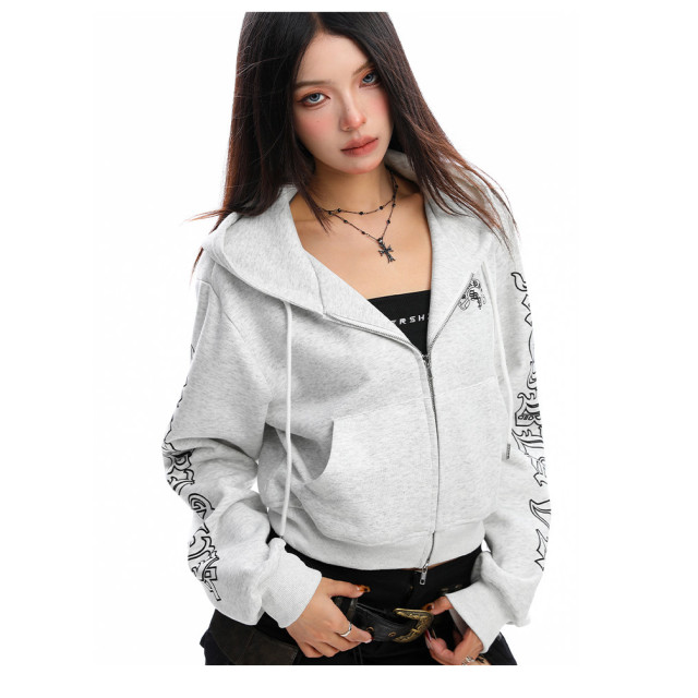 美式哥特風連帽短款衛衣女秋冬辣妹運動休閑拉鏈外套帽杉