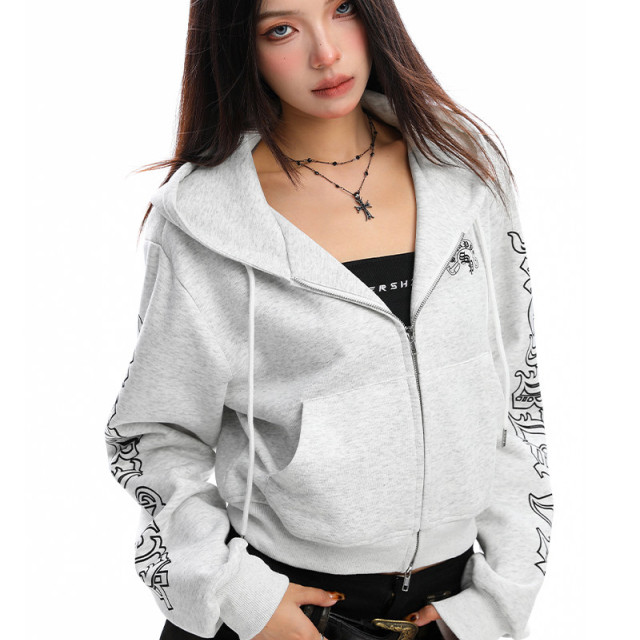 美式哥特風連帽短款衛衣女秋冬辣妹運動休閑拉鏈外套帽杉