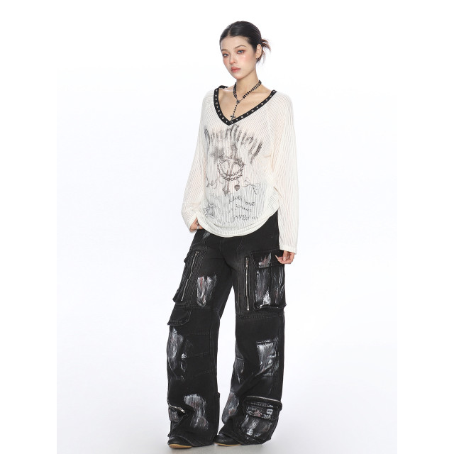 十字架辣妹v領寬松長袖t恤女夏季薄微透防曬罩衫斜肩上衣