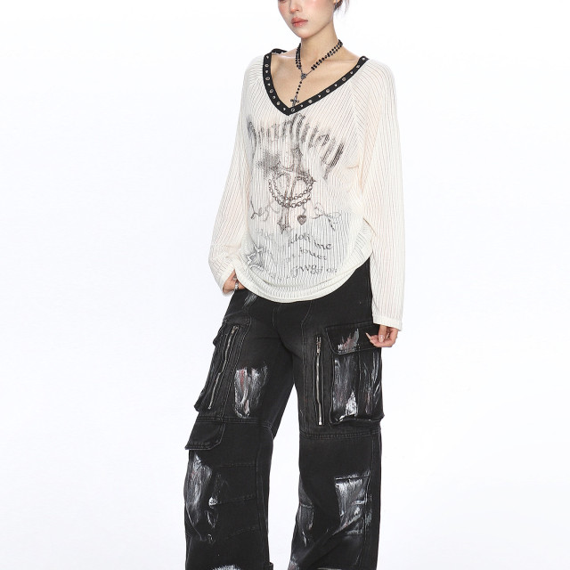 十字架辣妹v領寬松長袖t恤女夏季薄微透防曬罩衫斜肩上衣