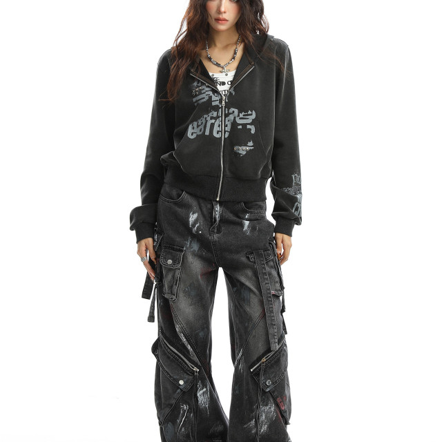 輕亞風柳釘塗鴉連帽衛衣女秋季朋克辣妹顯瘦拉鏈短款外套