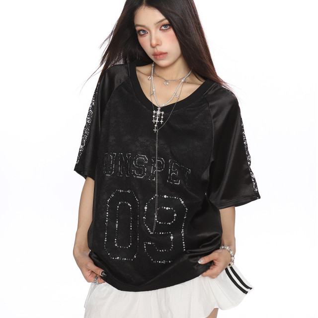 緞面蕾絲拼接v領短袖T恤球衣女夏季澤西風運動顯瘦上衣潮