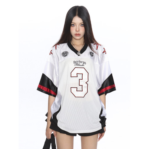 美式撞色字母v領短袖T恤女夏季澤西風休閑運動寬松球衣潮