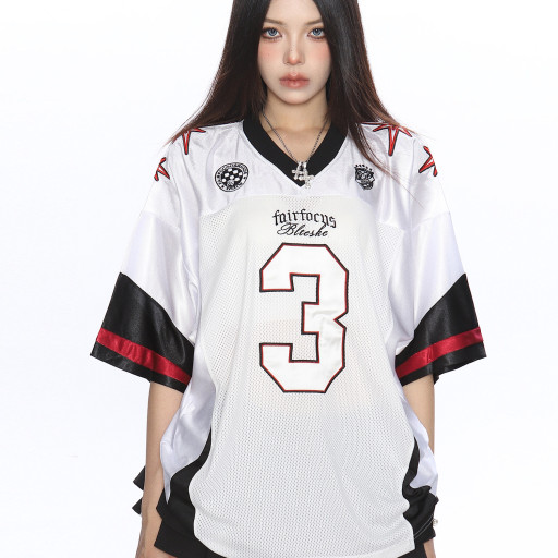 美式撞色字母v領短袖T恤女夏季澤西風休閑運動寬松球衣潮