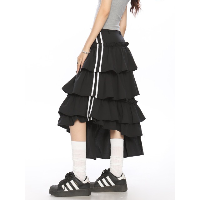 半身裙女夏季新款美式復古不規則條紋撞色設計寬松蛋糕裙