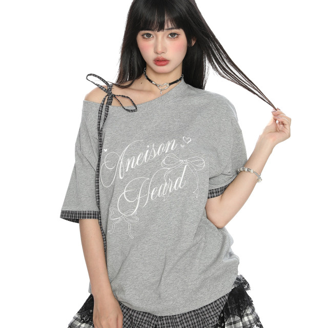 蝴蝶結字母假兩件斜肩綁帶短袖T恤女夏季韓系穿搭顯瘦上衣