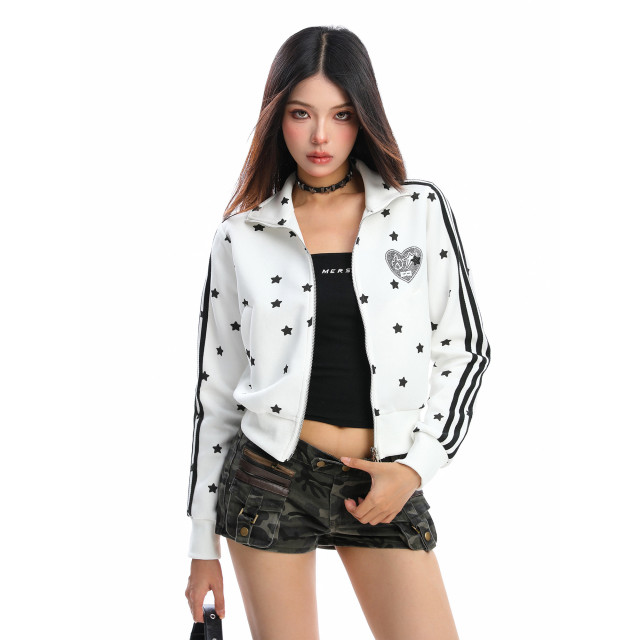 美式燙鉆星星杠條立領衛衣女秋季設計感顯瘦短款拉鏈外套