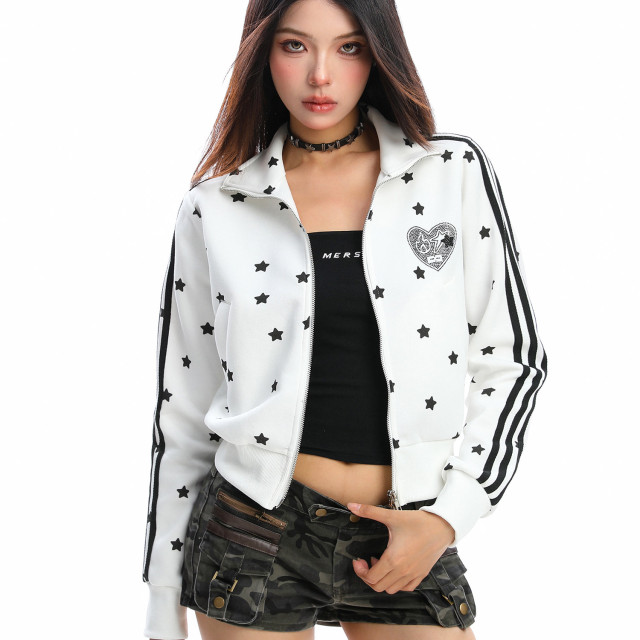 美式燙鉆星星杠條立領衛衣女秋季設計感顯瘦短款拉鏈外套