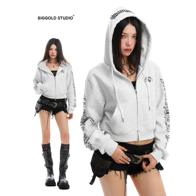 美式哥特風連帽短款衛衣女秋冬辣妹運動休閑拉鏈外套帽杉