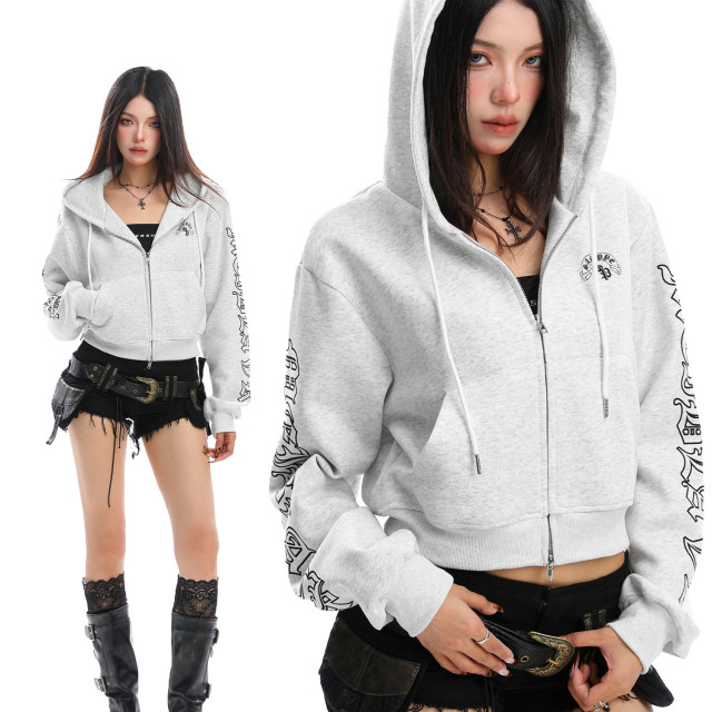 美式哥特風連帽短款衛衣女秋冬辣妹運動休閑拉鏈外套帽杉
