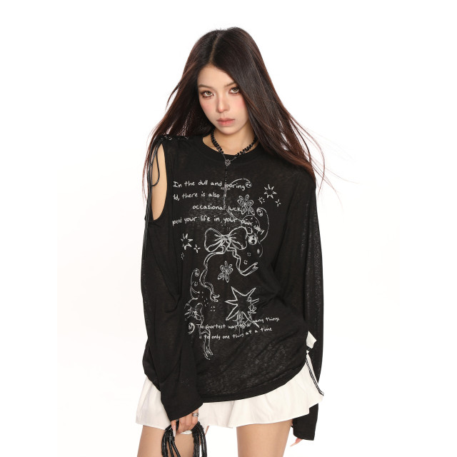 蝴蝶結塗鴉露肩綁帶長袖T恤女夏季慵懶風透氣防曬罩衫上衣