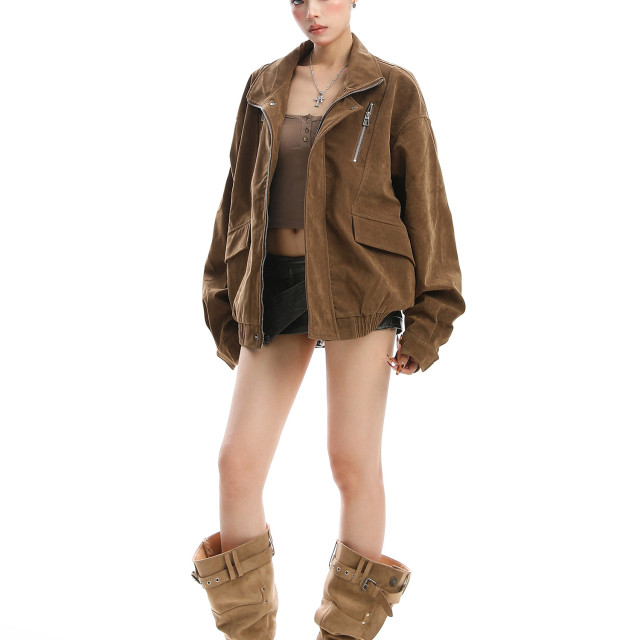 美式美拉德立領麂皮絨工裝外套女秋冬夾棉厚寬松棉服夾克