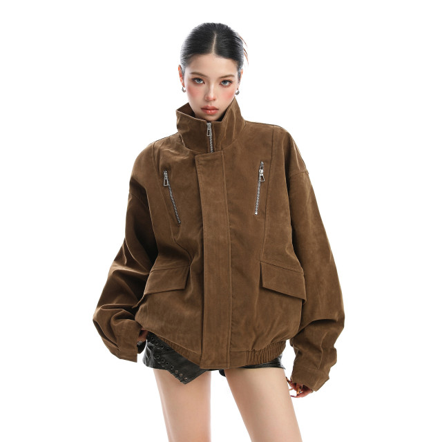 美式美拉德立領麂皮絨工裝外套女秋冬夾棉厚寬松棉服夾克