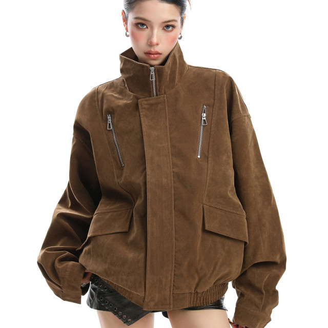 美式美拉德立領麂皮絨工裝外套女秋冬夾棉厚寬松棉服夾克