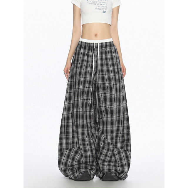 美式爵士舞雙腰頭休閑格子闊腿褲女松弛感直筒拖地長褲潮
