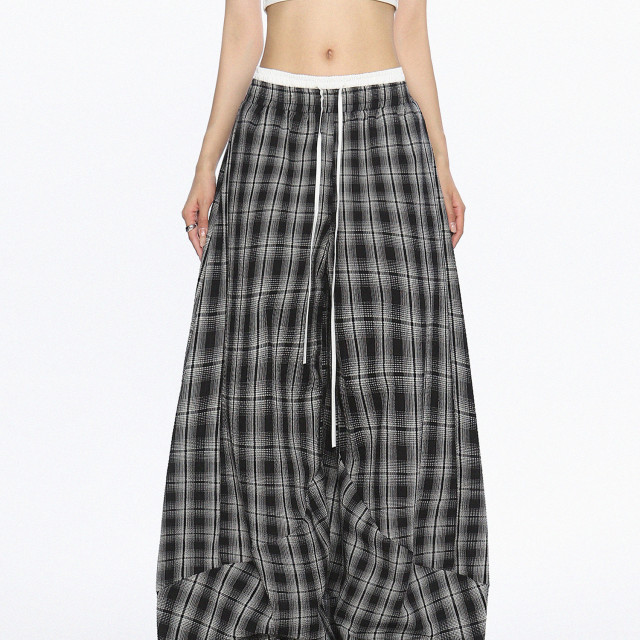 美式爵士舞雙腰頭休閑格子闊腿褲女松弛感直筒拖地長褲潮