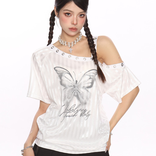 幻影蝴蝶條紋斜肩吊帶短袖T恤女夏季y2k甜酷漏肩顯瘦上衣