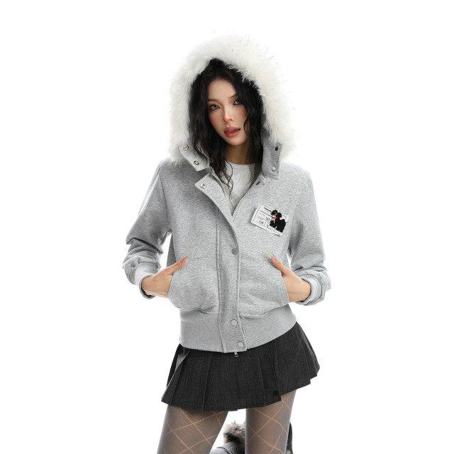 美式可拆卸毛領迷彩連帽外套女秋冬顯瘦拉鏈短款開衫夾克