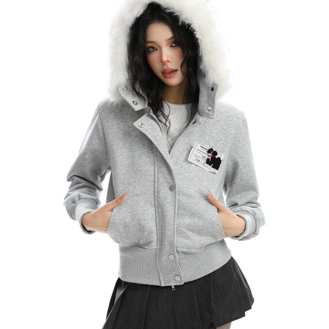 美式可拆卸毛領迷彩連帽外套女秋冬顯瘦拉鏈短款開衫夾克