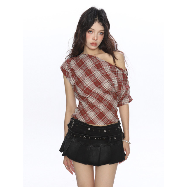 辣妹撞色格子斜肩短袖T恤女夏季設計感韓系露肩顯瘦上衣潮