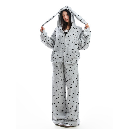 美式滿印星星兔耳朵連帽衛衣女秋冬休閑褲兩件套外套套裝