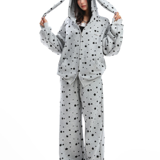 美式滿印星星兔耳朵連帽衛衣女秋冬休閑褲兩件套外套套裝