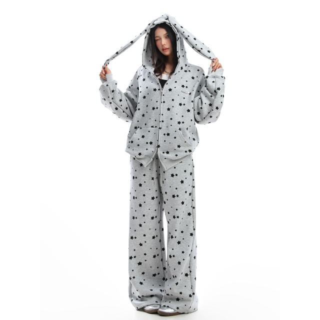 美式滿印星星兔耳朵連帽衛衣女秋冬休閑褲兩件套外套套裝