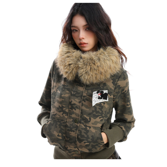 美式可拆卸毛領迷彩連帽外套女秋冬顯瘦拉鏈短款開衫夾克