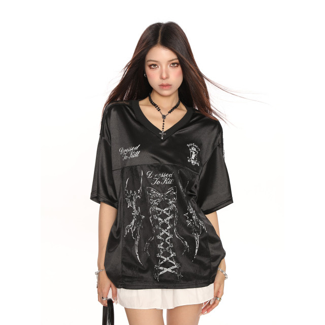 芭蕾風緞面蝴蝶蕾絲拼接短袖T恤女夏季甜辣妹運動顯瘦球衣