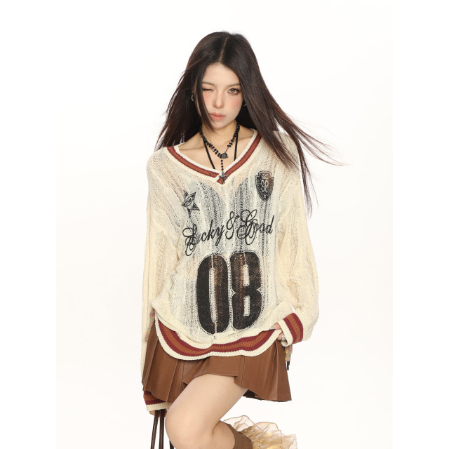 撞色字母v領學院風長袖針織衫女春秋慵懶風顯瘦防曬罩衫潮
