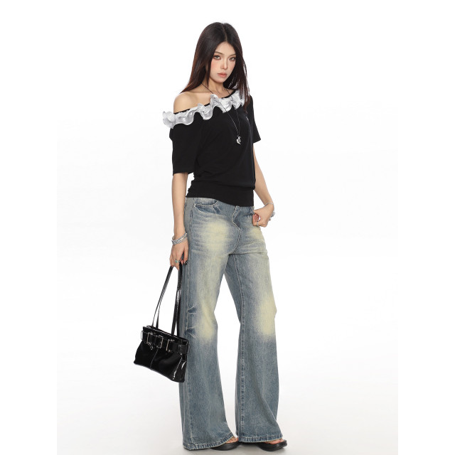 美式復古設計感花邊斜肩一字肩短袖T恤女夏季小眾辣妹上衣