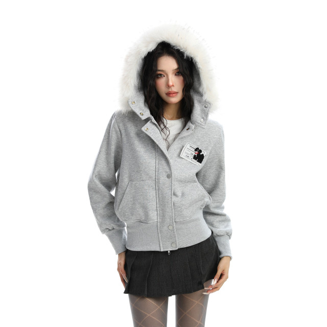 美式可拆卸毛領迷彩連帽外套女秋冬顯瘦拉鏈短款開衫夾克