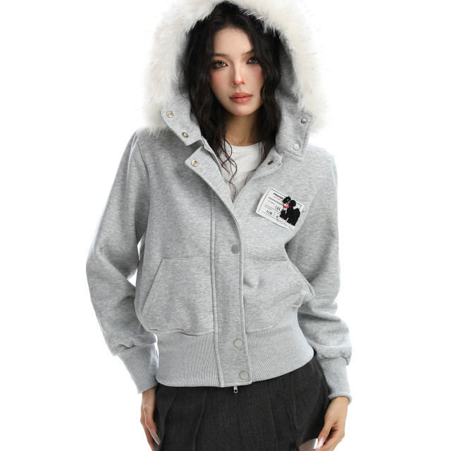 美式可拆卸毛領迷彩連帽外套女秋冬顯瘦拉鏈短款開衫夾克