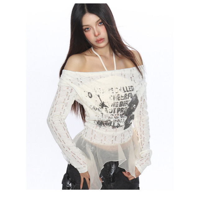 輕亞風蕩領假兩件長袖T恤女秋季不規則下擺辣妹內搭上衣潮